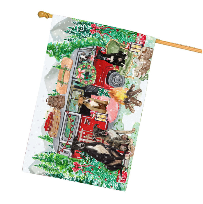 Christmas Time Camping with Greyhound Dogs House Flag Outdoor Decorative Double Sided Pet Portrait Weather Resistant Premium Quality Animal Printed Home Decorative Flags 100% Polyester