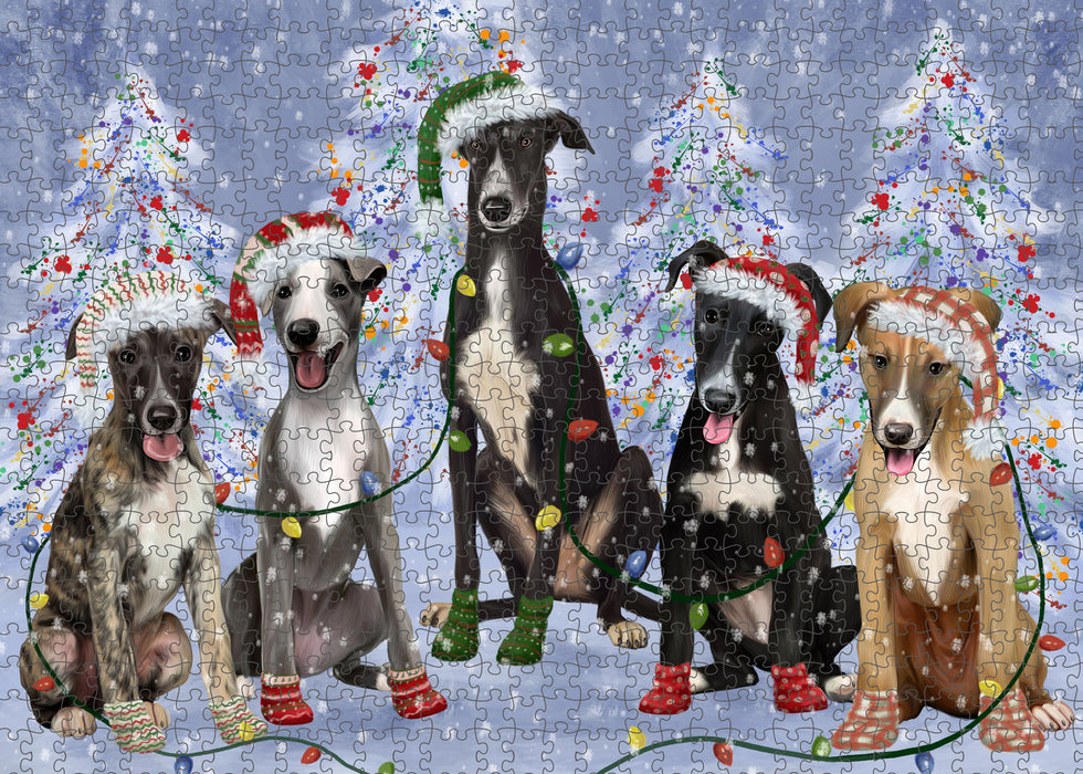 Christmas Lights and Greyhound Dogs Portrait Jigsaw Puzzle for Adults Animal Interlocking Puzzle Game Unique Gift for Dog Lover's with Metal Tin Box
