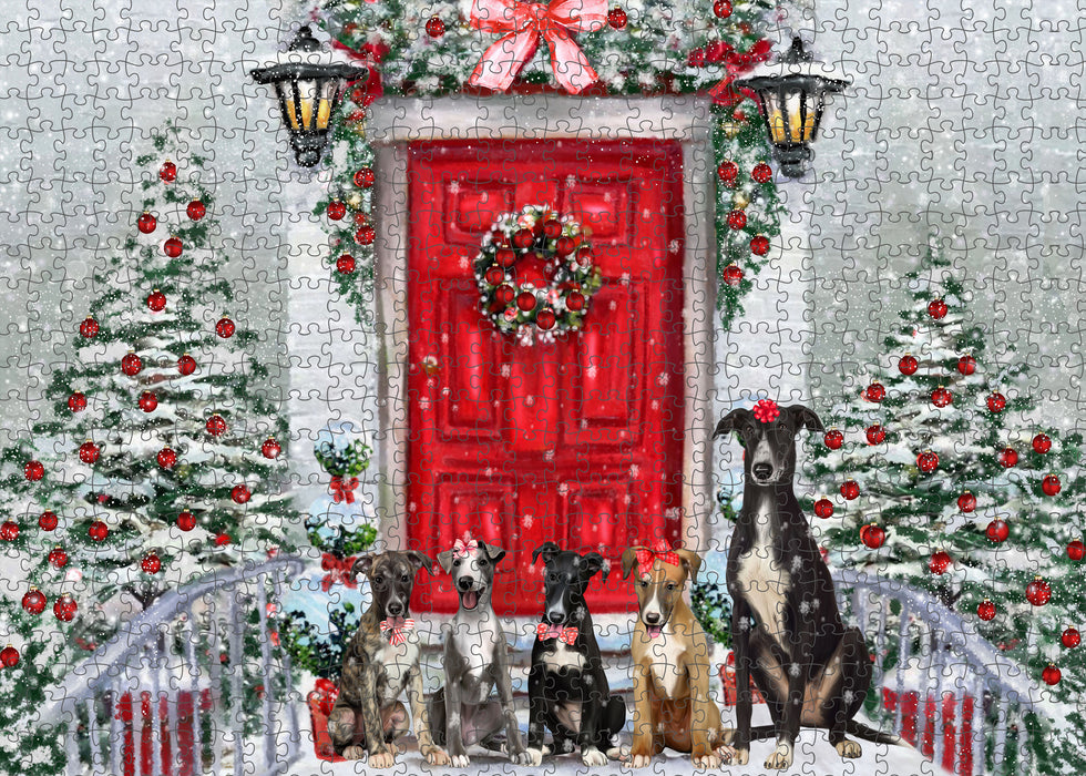 Christmas Holiday Welcome Greyhound Dogs Portrait Jigsaw Puzzle for Adults Animal Interlocking Puzzle Game Unique Gift for Dog Lover's with Metal Tin Box