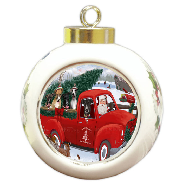 Christmas Santa Express Delivery Red Truck Greyhound Dogs Round Ball Christmas Ornament Pet Decorative Hanging Ornaments for Christmas X-mas Tree Decorations - 3" Round Ceramic Ornament