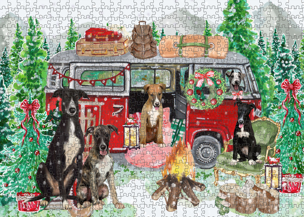 Christmas Time Camping with Greyhound Dogs Portrait Jigsaw Puzzle for Adults Animal Interlocking Puzzle Game Unique Gift for Dog Lover's with Metal Tin Box