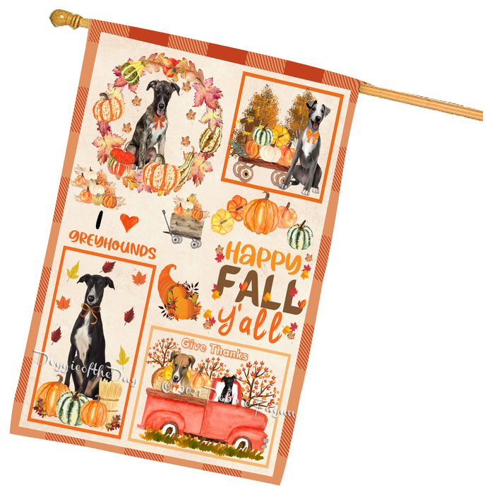Happy Fall Y'all Pumpkin Greyhound Dogs House Flag Outdoor Decorative Double Sided Pet Portrait Weather Resistant Premium Quality Animal Printed Home Decorative Flags 100% Polyester