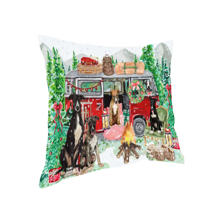 Christmas Time Camping with Greyhound Dogs Pillow with Top Quality High-Resolution Images - Ultra Soft Pet Pillows for Sleeping - Reversible & Comfort - Ideal Gift for Dog Lover - Cushion for Sofa Couch Bed - 100% Polyester