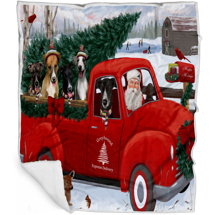 Christmas Santa Express Delivery Red Truck Greyhound Dogs Blanket - Lightweight Soft Cozy and Durable Bed Blanket - Animal Theme Fuzzy Blanket for Sofa Couch