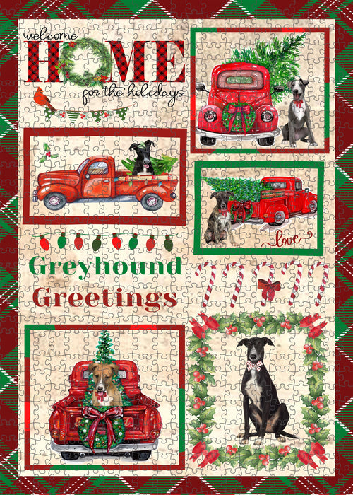 Welcome Home for Christmas Holidays Greyhound Dogs Portrait Jigsaw Puzzle for Adults Animal Interlocking Puzzle Game Unique Gift for Dog Lover's with Metal Tin Box