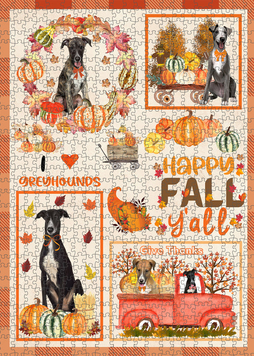 Happy Fall Y'all Pumpkin Greyhound Dogs Portrait Jigsaw Puzzle for Adults Animal Interlocking Puzzle Game Unique Gift for Dog Lover's with Metal Tin Box