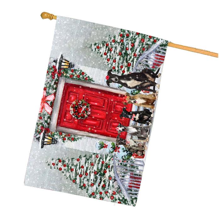 Christmas Holiday Welcome Greyhound Dogs House Flag Outdoor Decorative Double Sided Pet Portrait Weather Resistant Premium Quality Animal Printed Home Decorative Flags 100% Polyester