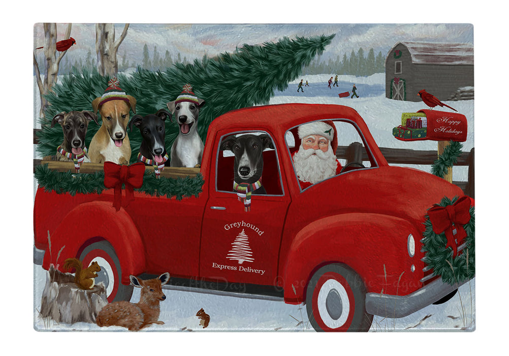 Christmas Santa Express Delivery Red Truck Greyhound Dogs Cutting Board - For Kitchen - Scratch & Stain Resistant - Designed To Stay In Place - Easy To Clean By Hand - Perfect for Chopping Meats, Vegetables