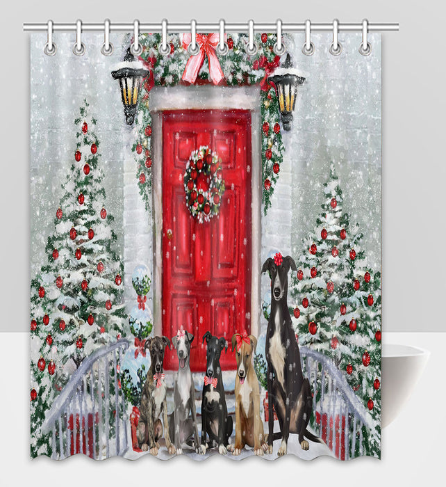 Christmas Holiday Welcome Greyhound Dogs Shower Curtain Pet Painting Bathtub Curtain Waterproof Polyester One-Side Printing Decor Bath Tub Curtain for Bathroom with Hooks