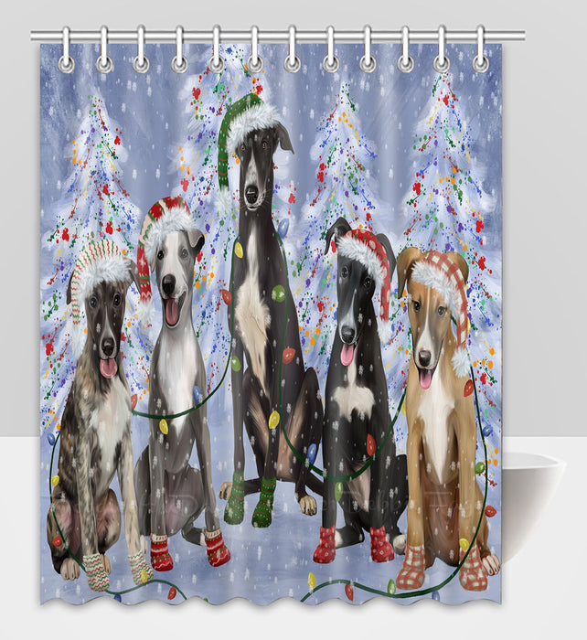 Christmas Lights and Greyhound Dogs Shower Curtain Pet Painting Bathtub Curtain Waterproof Polyester One-Side Printing Decor Bath Tub Curtain for Bathroom with Hooks