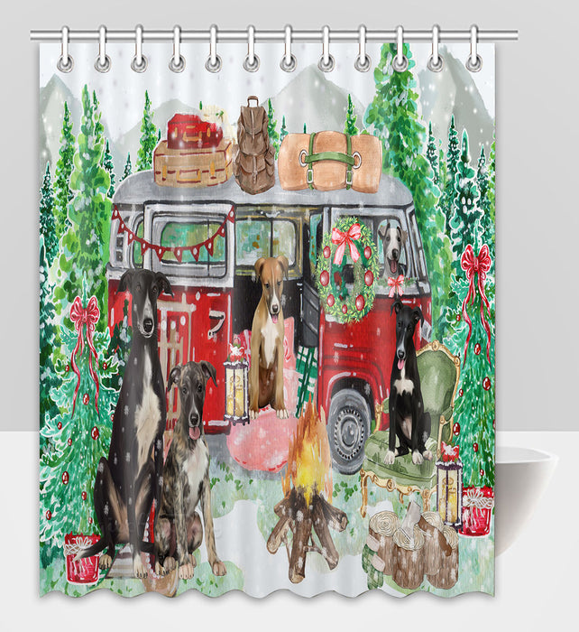Christmas Time Camping with Greyhound Dogs Shower Curtain Pet Painting Bathtub Curtain Waterproof Polyester One-Side Printing Decor Bath Tub Curtain for Bathroom with Hooks