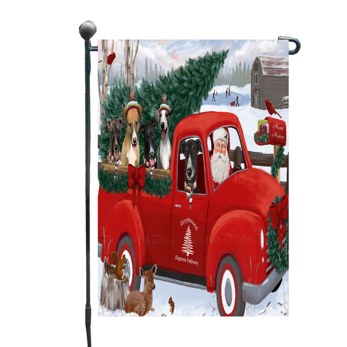 Christmas Santa Express Delivery Red Truck Greyhound Dogs Garden Flags- Outdoor Double Sided Garden Yard Porch Lawn Spring Decorative Vertical Home Flags 12 1/2"w x 18"h