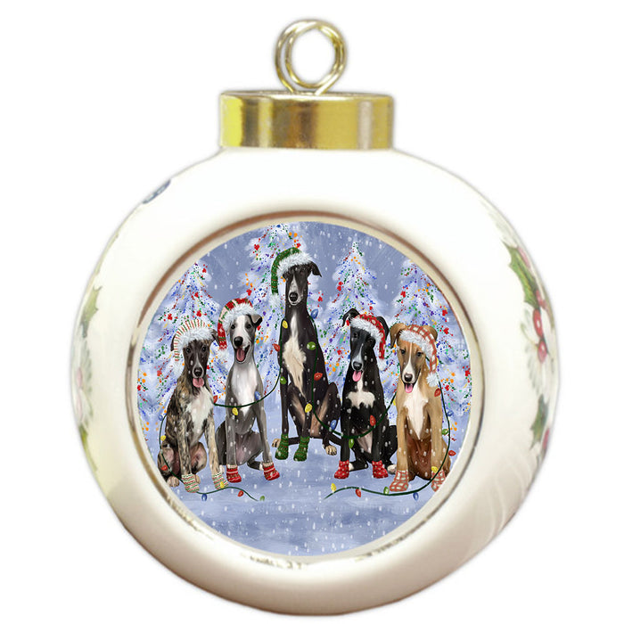 Christmas Lights and Greyhound Dogs Round Ball Christmas Ornament Pet Decorative Hanging Ornaments for Christmas X-mas Tree Decorations - 3" Round Ceramic Ornament