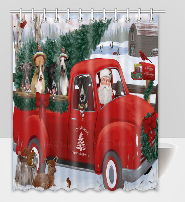 Christmas Santa Express Delivery Red Truck Greyhound Dogs Shower Curtain Pet Painting Bathtub Curtain Waterproof Polyester One-Side Printing Decor Bath Tub Curtain for Bathroom with Hooks
