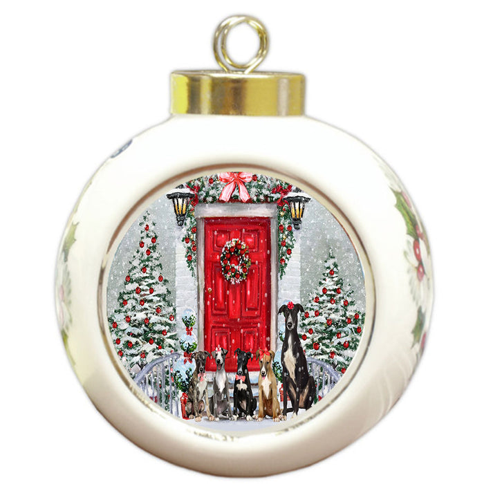 Christmas Holiday Welcome Greyhound Dogs Round Ball Christmas Ornament Pet Decorative Hanging Ornaments for Christmas X-mas Tree Decorations - 3" Round Ceramic Ornament