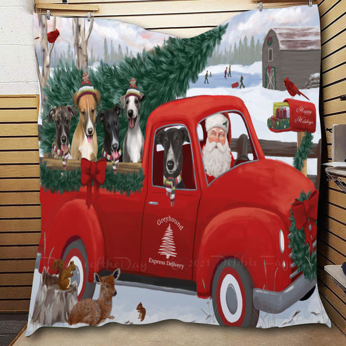 Christmas Santa Express Delivery Red Truck Greyhound Dogs  Quilt Bed Coverlet Bedspread - Pets Comforter Unique One-side Animal Printing - Soft Lightweight Durable Washable Polyester Quilt