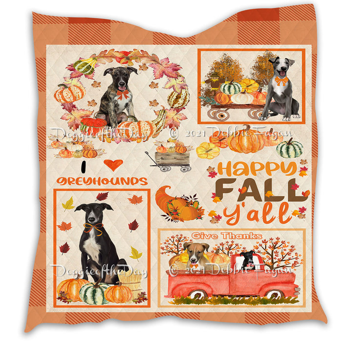 Happy Fall Y'all Pumpkin Greyhound Dogs Quilt Bed Coverlet Bedspread - Pets Comforter Unique One-side Animal Printing - Soft Lightweight Durable Washable Polyester Quilt
