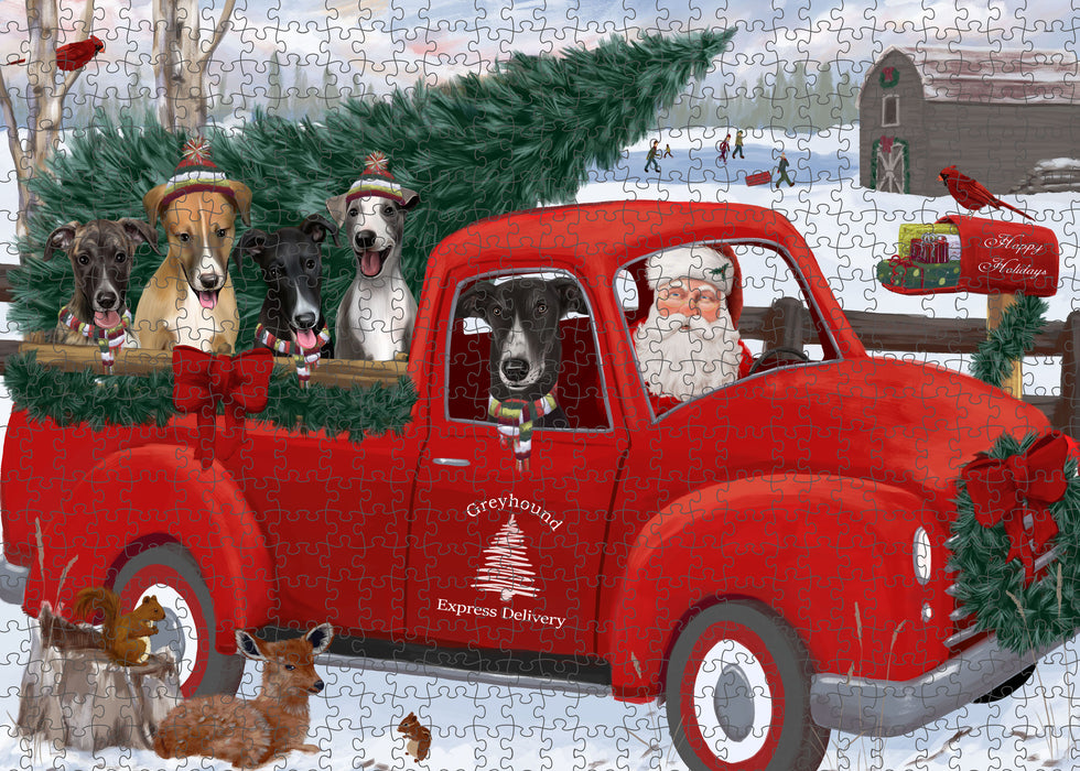 Christmas Santa Express Delivery Red Truck Greyhound Dogs Portrait Jigsaw Puzzle for Adults Animal Interlocking Puzzle Game Unique Gift for Dog Lover's with Metal Tin Box