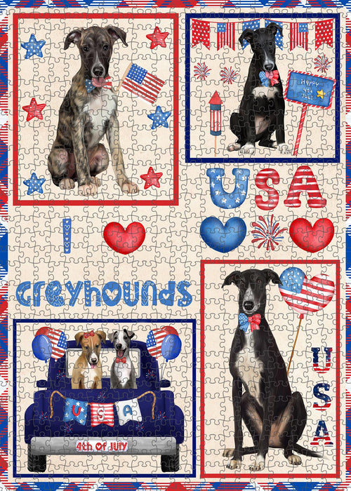 4th of July Independence Day I Love USA Greyhound Dogs Portrait Jigsaw Puzzle for Adults Animal Interlocking Puzzle Game Unique Gift for Dog Lover's with Metal Tin Box