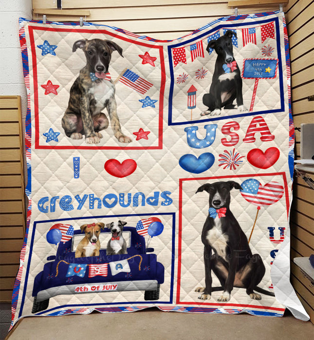 4th of July Independence Day I Love USA Greyhound Dogs Quilt Bed Coverlet Bedspread - Pets Comforter Unique One-side Animal Printing - Soft Lightweight Durable Washable Polyester Quilt