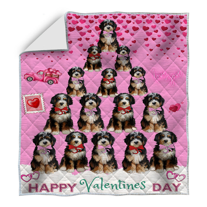 Happy Valentine's Day Bernedoodle Dogs Quilt Bed Coverlet Bedspread - Pets Comforter Unique One-side Animal Printing - Soft Lightweight Durable Washable Polyester Quilt