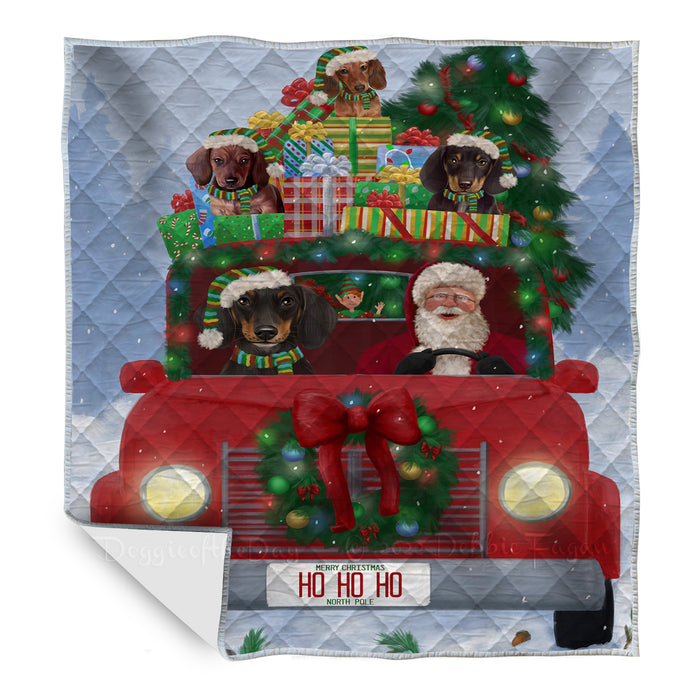 Christmas Honk Honk Red Truck Dachshund Dogs Quilt Bed Coverlet Bedspread - Pets Comforter Unique One-side Animal Printing - Soft Lightweight Durable Washable Polyester Quilt