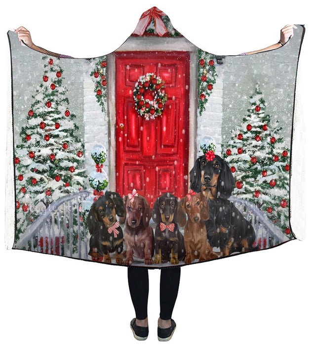 Christmas Holiday Welcome Red Door Dachshund Dog on Hooded Blanket