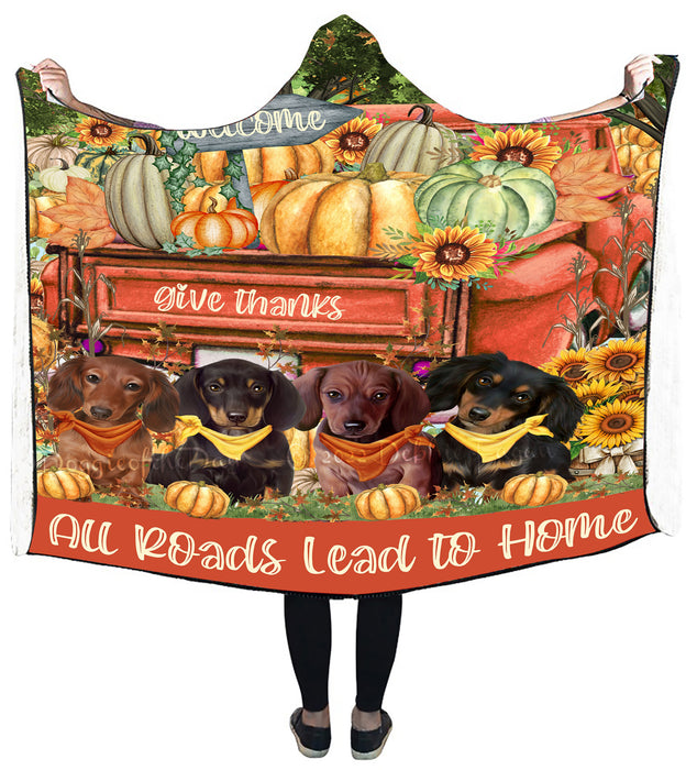 All Roads Lead to Home Orange Truck Harvest Fall Pumpkin Dachshund Dog on Hooded Blanket