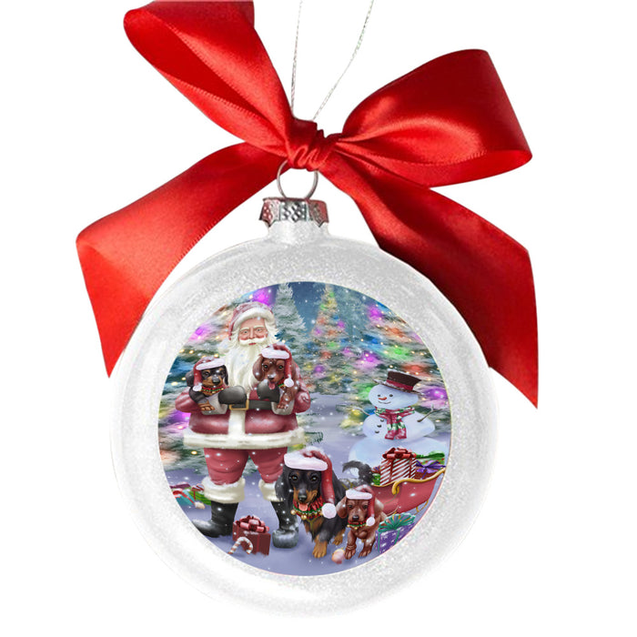 Trotting in the Snow Dachshund Dog White Round Ball Christmas Ornament WBSOR49435