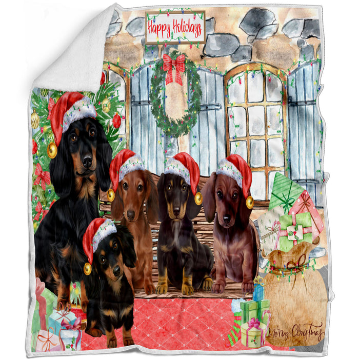 Happy Holidays Christmas Dachshund Dogs Blanket - Lightweight Soft Cozy and Durable Bed Blanket - Animal Theme Fuzzy Blanket for Sofa Couch