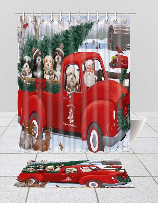 Christmas Santa Express Delivery Red Truck Havanese Dogs Bath Mat and Shower Curtain Combo