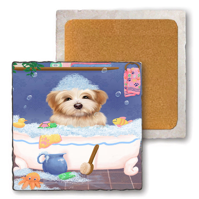 Rub A Dub Dog In A Tub Havanese Dog Set of 4 Natural Stone Marble Tile Coasters MCST52382