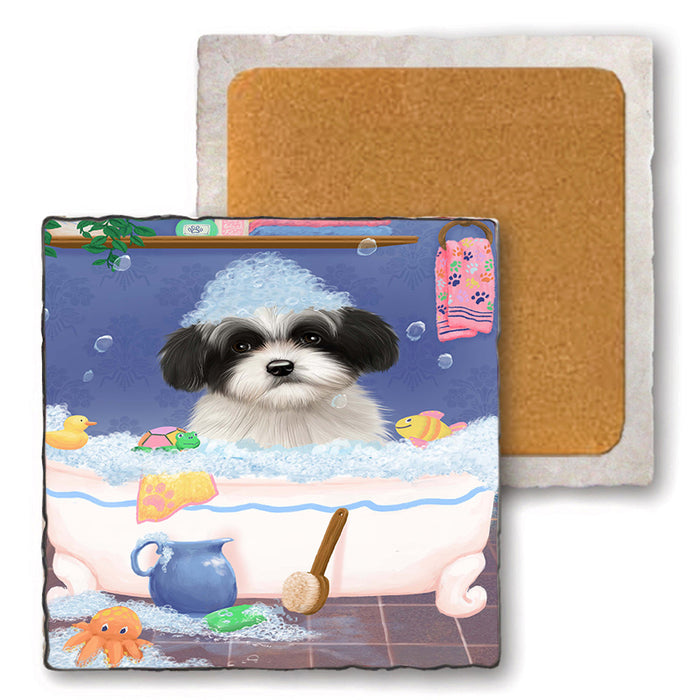 Rub A Dub Dog In A Tub Havanese Dog Set of 4 Natural Stone Marble Tile Coasters MCST52383