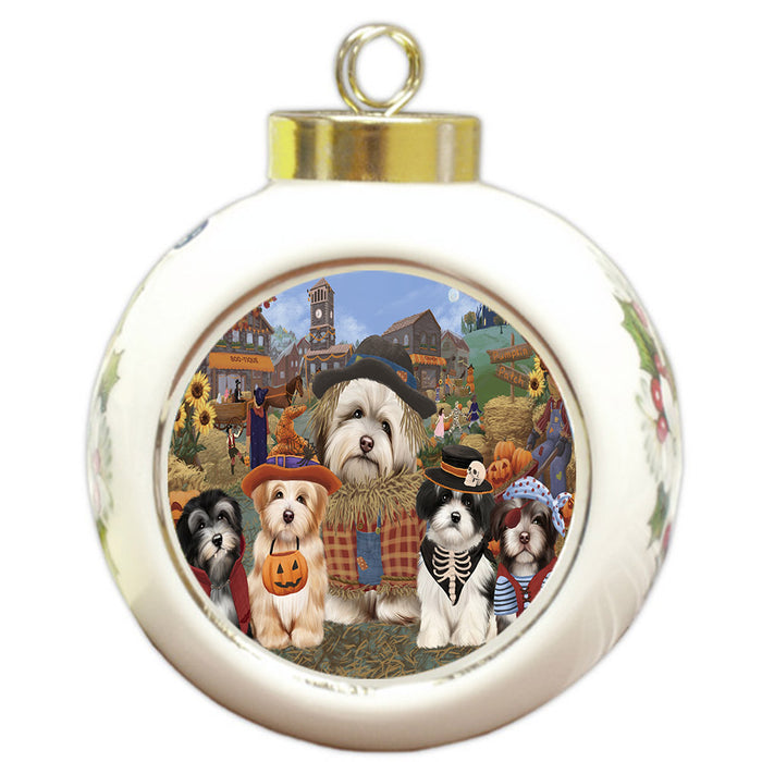 Halloween 'Round Town And Fall Pumpkin Scarecrow Both Havanese Dogs Round Ball Christmas Ornament RBPOR57407