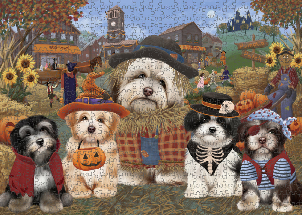 Halloween 'Round Town And Fall Pumpkin Scarecrow Both Havanese Dogs Puzzle with Photo Tin PUZL96320