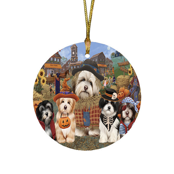 Halloween 'Round Town And Fall Pumpkin Scarecrow Both Havanese Dogs Round Flat Christmas Ornament RFPOR57407