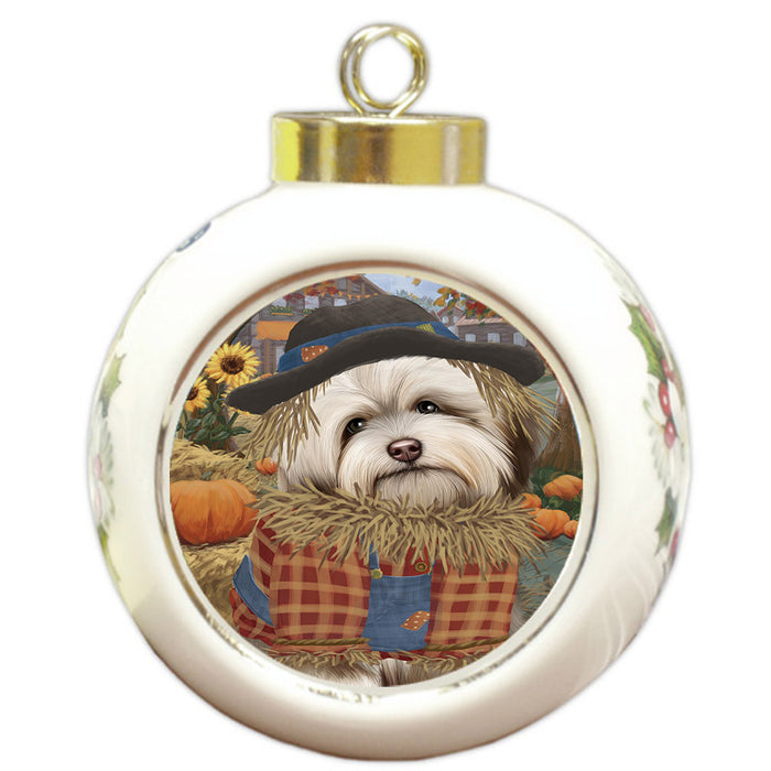 Halloween 'Round Town And Fall Pumpkin Scarecrow Both Havanese Dogs Round Ball Christmas Ornament RBPOR57468