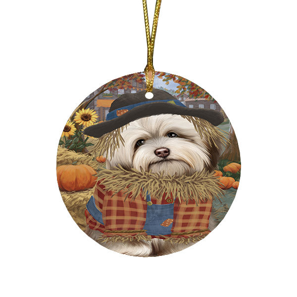 Halloween 'Round Town And Fall Pumpkin Scarecrow Both Havanese Dogs Round Flat Christmas Ornament RFPOR57468