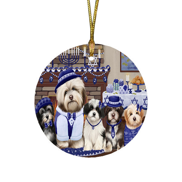 Happy Hanukkah Family and Happy Hanukkah Both Havanese Dogs Round Flat Christmas Ornament RFPOR57529