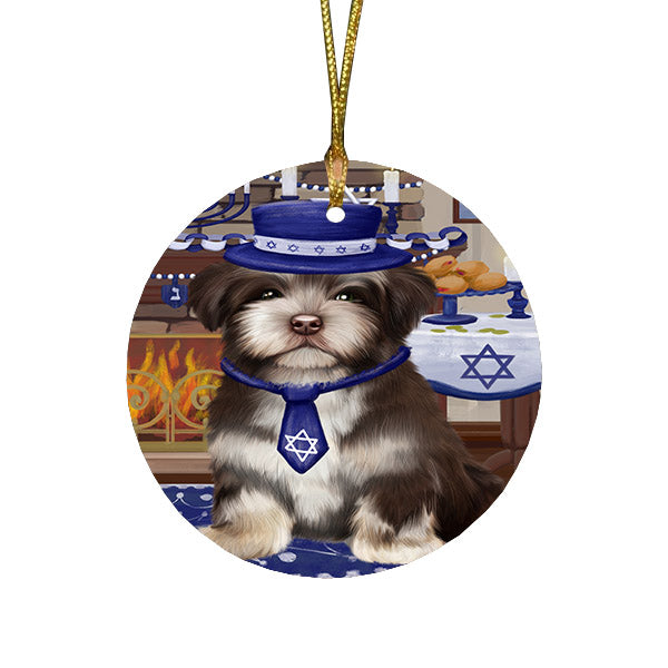 Happy Hanukkah Family and Happy Hanukkah Both Havanese Dog Round Flat Christmas Ornament RFPOR57585