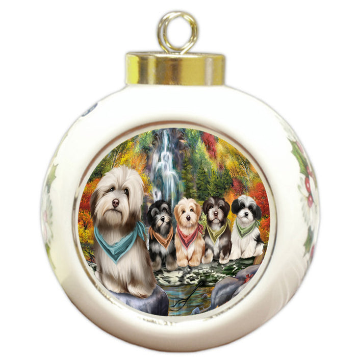 Scenic Waterfall Havanese Dogs Round Ball Christmas Ornament RBPOR49474