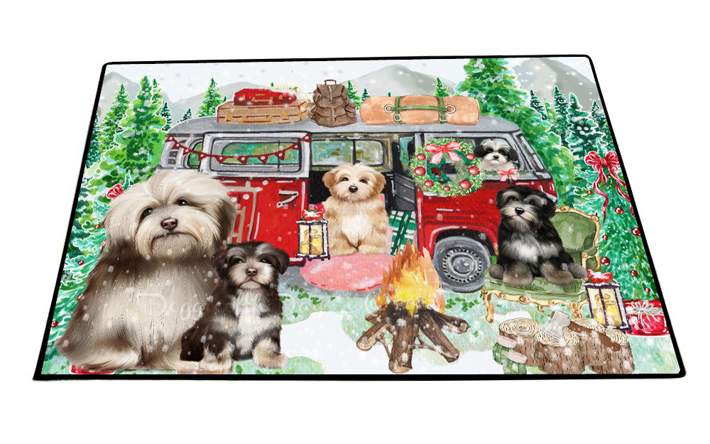 Christmas Time Camping with Havanese Dogs Floor Mat- Anti-Slip Pet Door Mat Indoor Outdoor Front Rug Mats for Home Outside Entrance Pets Portrait Unique Rug Washable Premium Quality Mat