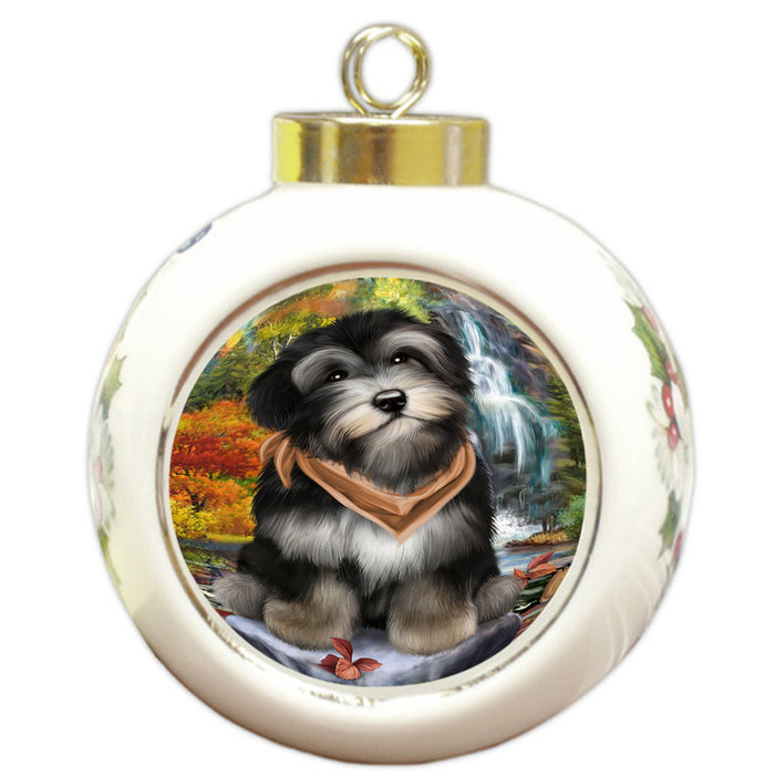 Scenic Waterfall Havanese Dog Round Ball Christmas Ornament RBPOR49475