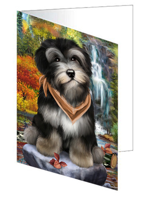 Scenic Waterfall Havanese Dogs Handmade Artwork Assorted Pets Greeting Cards and Note Cards with Envelopes for All Occasions and Holiday Seasons GCD52352
