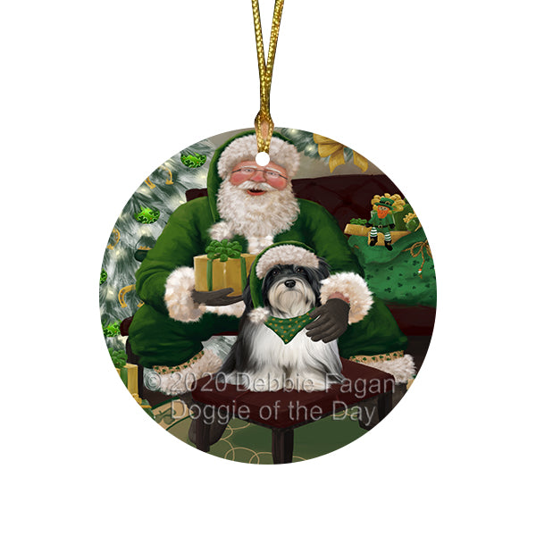 Christmas Irish Santa with Gift and Havanese Dog Round Flat Christmas Ornament RFPOR57933