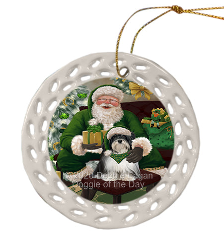 Christmas Irish Santa with Gift and Havanese Dog Doily Ornament DPOR59495