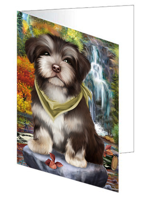 Scenic Waterfall Havanese Dog Handmade Artwork Assorted Pets Greeting Cards and Note Cards with Envelopes for All Occasions and Holiday Seasons GCD52358