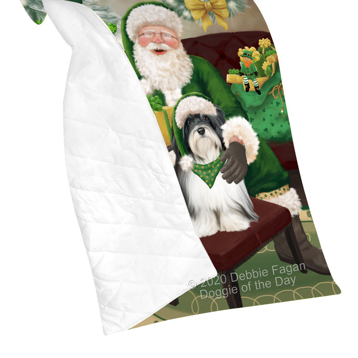 Christmas Irish Santa with Gift and Havanese Dog Quilt Bed Coverlet Bedspread - Pets Comforter Unique One-side Animal Printing - Soft Lightweight Durable Washable Polyester Quilt