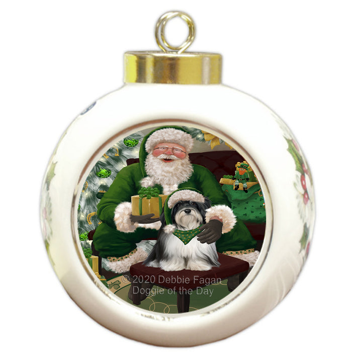 Christmas Irish Santa with Gift and Havanese Dog Round Ball Christmas Ornament RBPOR57933