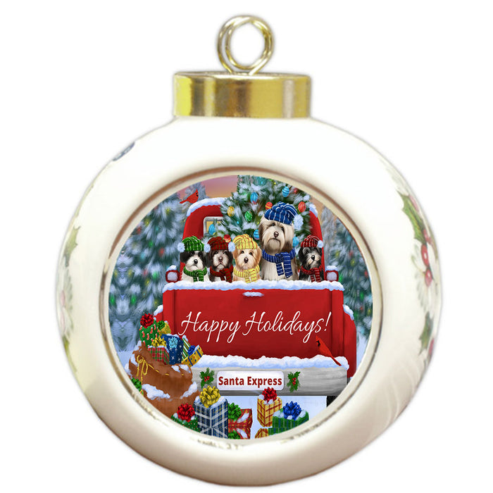 Christmas Red Truck Travlin Home for the Holidays Havanese Dogs Round Ball Christmas Ornament Pet Decorative Hanging Ornaments for Christmas X-mas Tree Decorations - 3" Round Ceramic Ornament